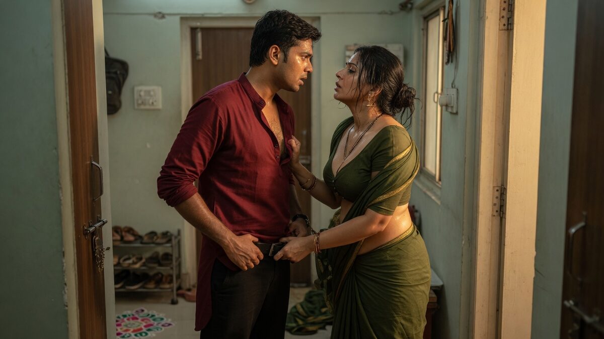 Two fully clothed adults, one adult Indian man and one adult Indian woman in a contemporary Indian city apartment entry.