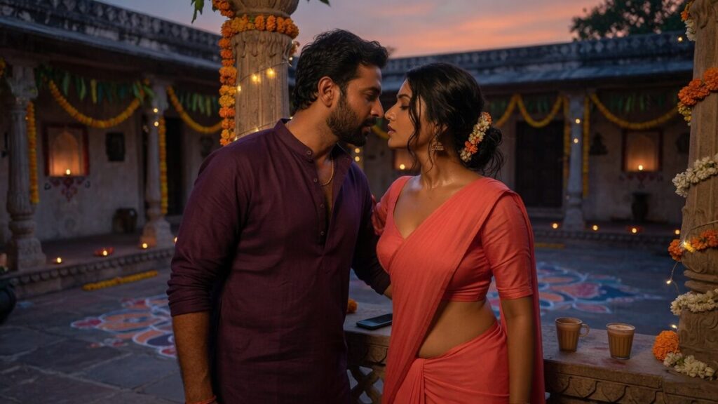 Two fully clothed fictional characters, one adult Indian man and one adult Indian woman, both clearly age 21 or older in a decorated Indian courtyard, in early evening light, with a mobile phone and t