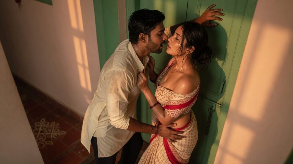 Two fully clothed adults, one adult Indian man and one adult Indian woman in a contemporary Indian city apartment entry.