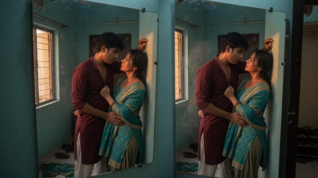 Two fully clothed adults, one adult Indian man and one adult Indian woman in an Indian apartment entry.