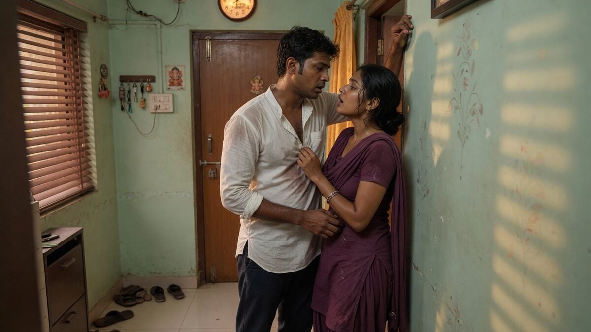 Two fully clothed adults, one adult Indian man and one adult Indian woman in a contemporary Indian city apartment entry.