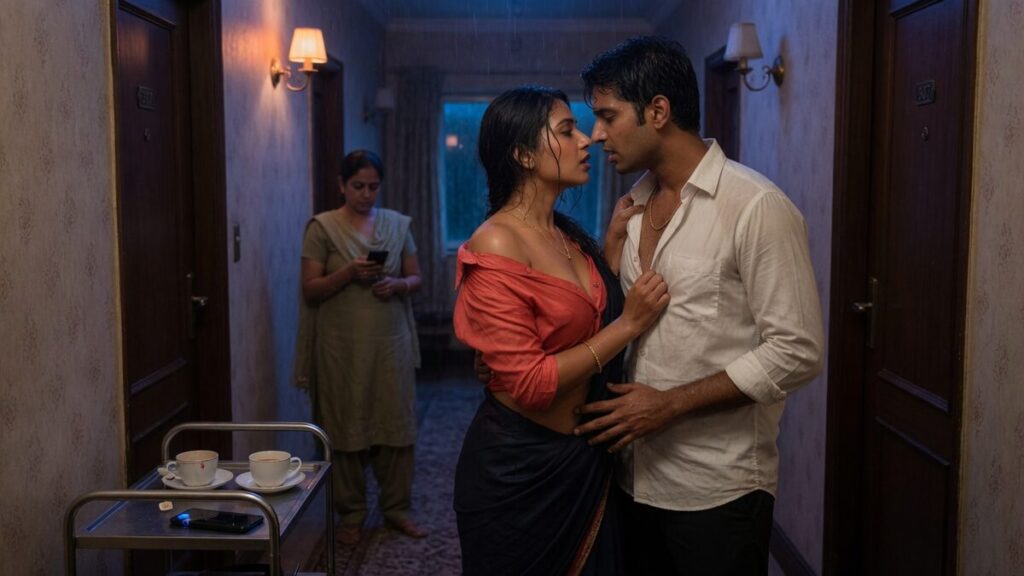 A small group of fully clothed fictional adult Indian people, all clearly age 21 or older in a discreet hotel corridor, at night with restrained practical lighting, with a mobile phone and two tea cup