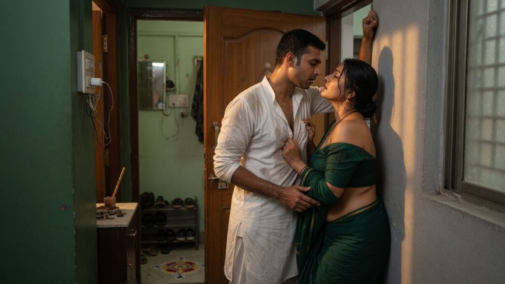 Two fully clothed adults, one adult Indian man and one adult Indian woman in a contemporary Indian city apartment entry.