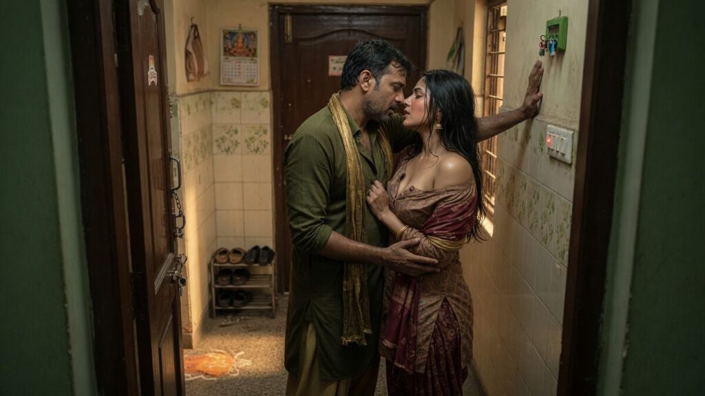 Two fully clothed adults, one adult Indian man and one adult Indian woman in an Indian apartment entry.