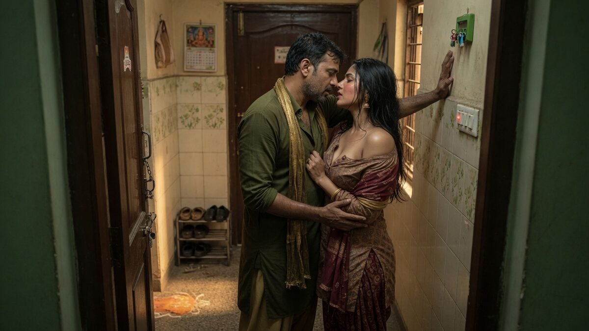 Two fully clothed adults, one adult Indian man and one adult Indian woman in an Indian apartment entry.