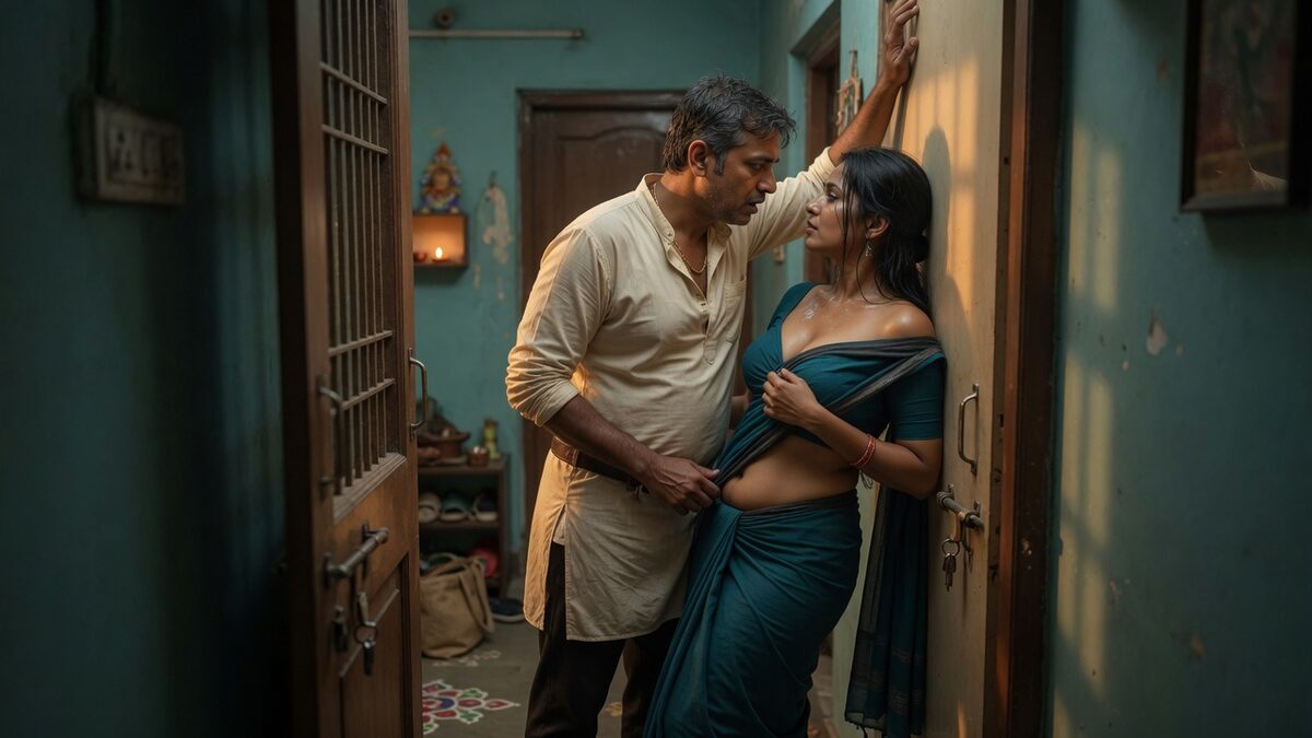 Two fully clothed adults, one adult Indian man and one adult Indian woman in an Indian apartment entry.