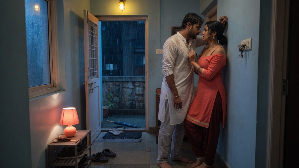 Two fully clothed adults, one adult Indian man and one adult Indian woman in an Indian apartment entry.
