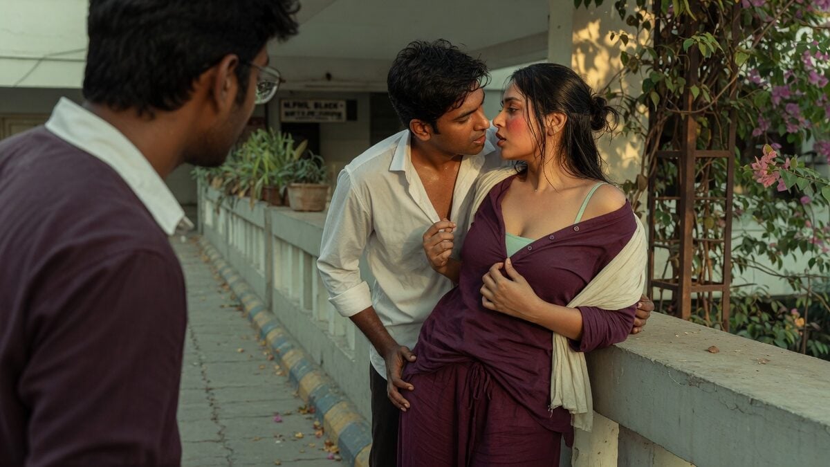 Two fully clothed adults, one adult Indian man and one adult Indian woman in an Indian postgraduate campus walkway.