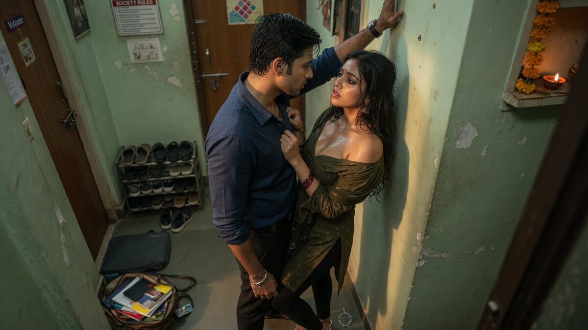 Two fully clothed adults, one adult Indian man and one adult Indian woman in a contemporary Indian city apartment entry.