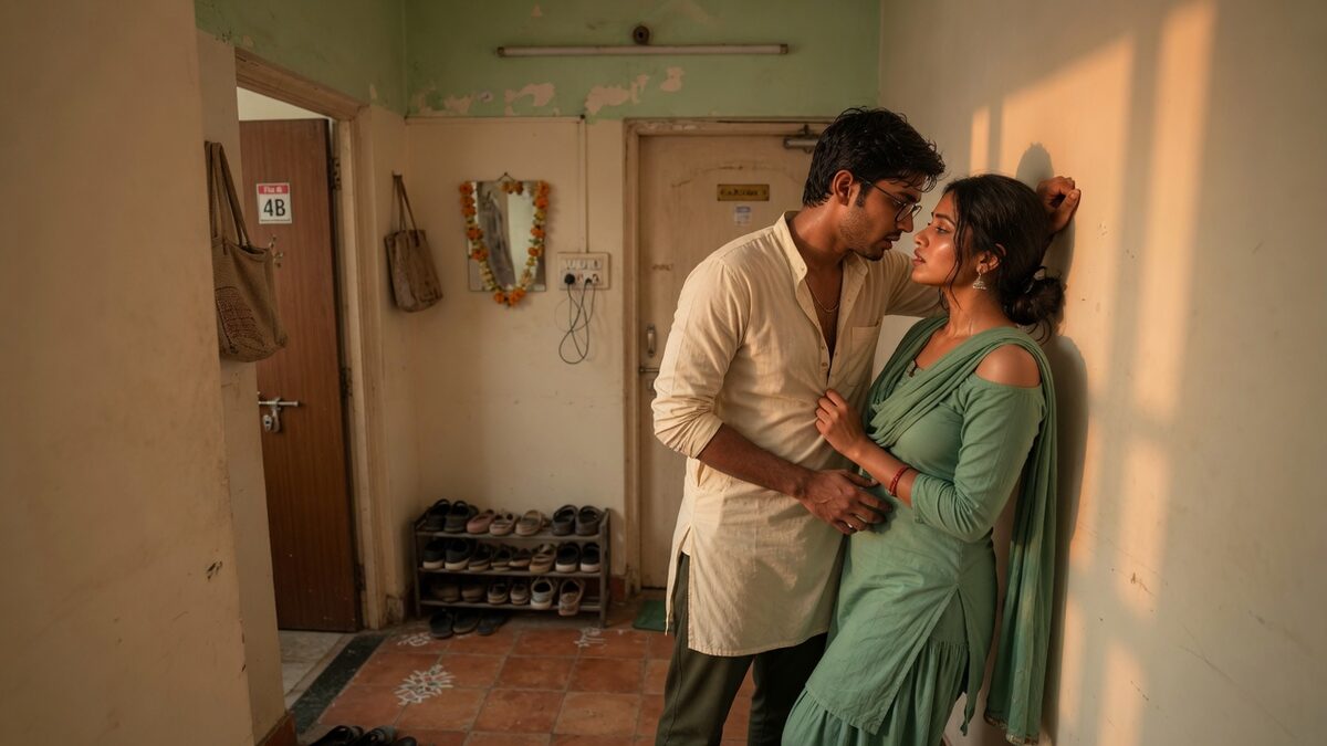 Two fully clothed adults, one adult Indian man and one adult Indian woman in an Indian apartment entry.