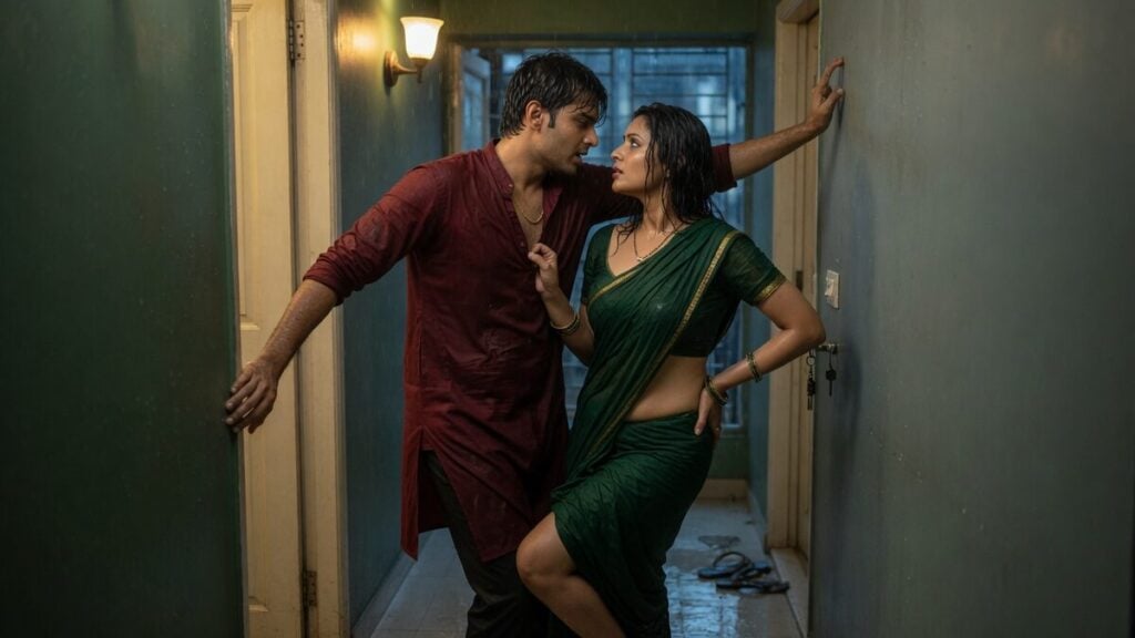 Two fully clothed adults, one adult Indian man and one adult Indian woman in a contemporary Indian city apartment entry.
