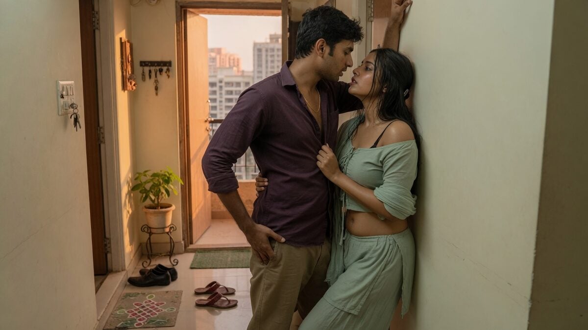 Two fully clothed adults, one adult Indian man and one adult Indian woman in a contemporary Indian city apartment entry.