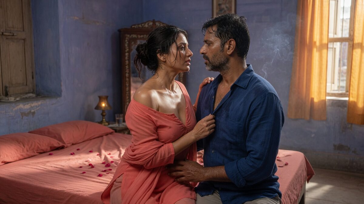Two fully clothed adults, one adult Indian man and one adult Indian woman in a quiet Indian guest room.