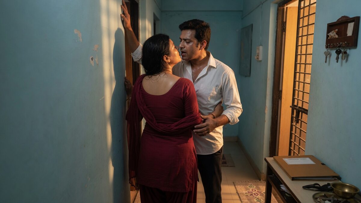 Two fully clothed adults, one adult Indian man and one adult Indian woman in an Indian apartment entry.