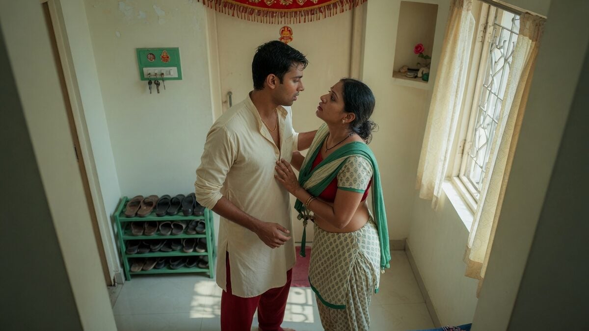 Two fully clothed adults, one adult Indian man and one adult Indian woman in an Indian apartment entry.