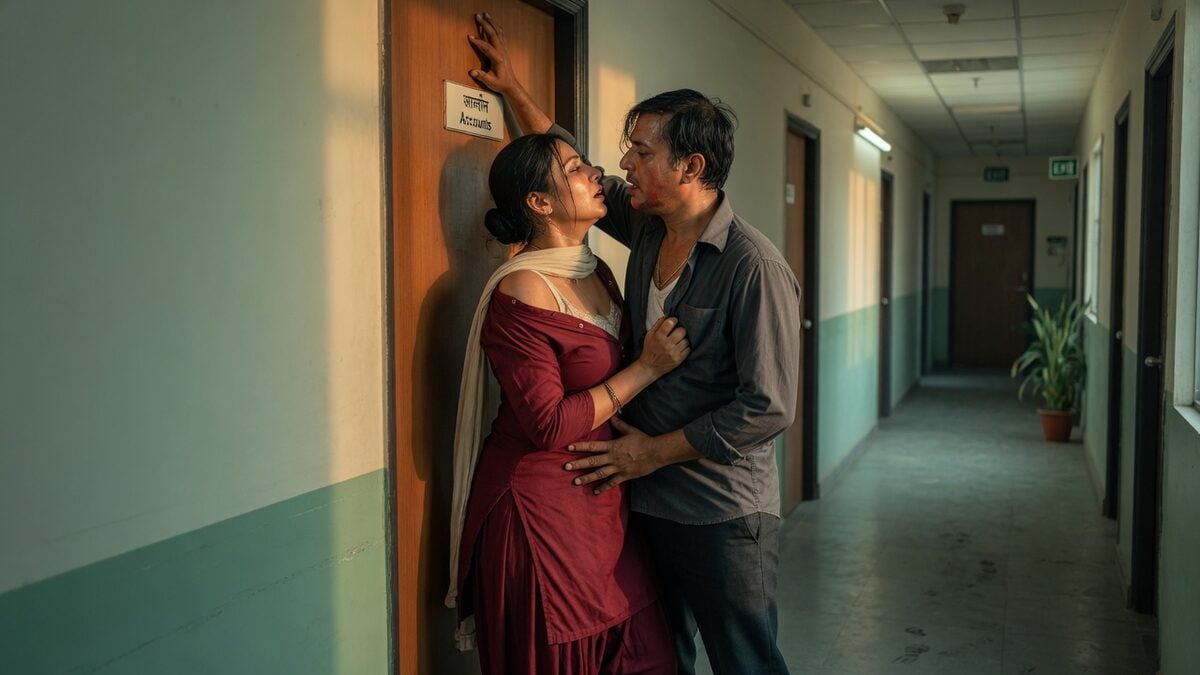 Two fully clothed adults, one adult Indian woman and one adult Indian man in an after-hours Indian office corridor.