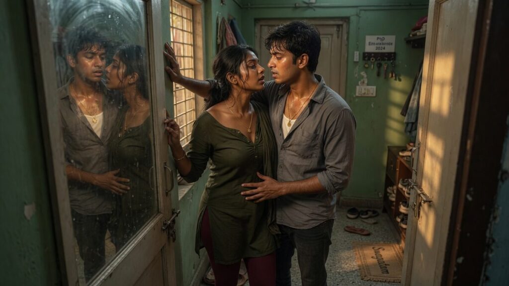 Two fully clothed adults, one adult Indian man and one adult Indian woman in an Indian apartment entry.