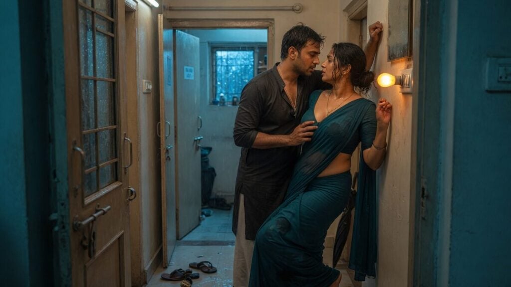 Two fully clothed adults, one adult Indian man and one adult Indian woman in an Indian apartment entry.