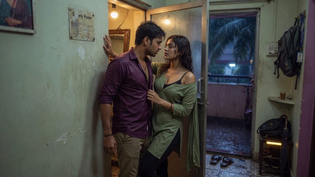 Two fully clothed adults, one adult Indian man and one adult Indian woman in an Indian apartment entry.