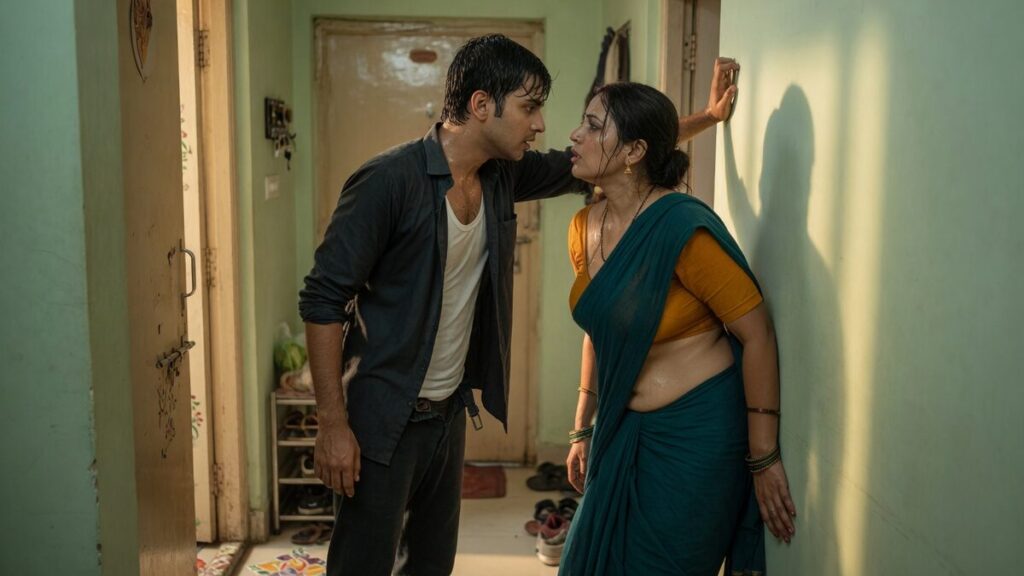 Two fully clothed adults, one adult Indian man and one adult Indian woman in an Indian apartment entry.