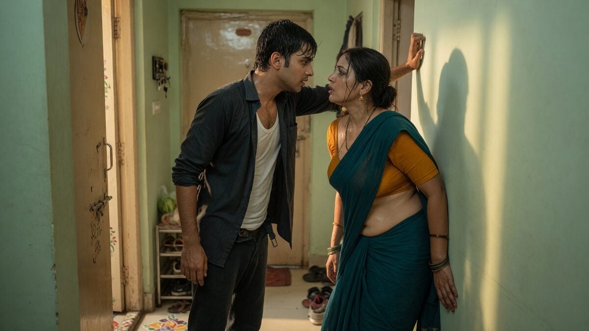 Two fully clothed adults, one adult Indian man and one adult Indian woman in an Indian apartment entry.