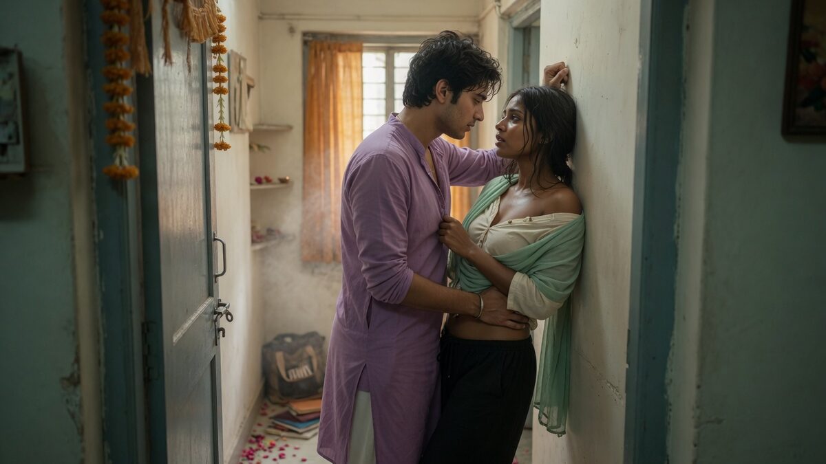 Two fully clothed adults, one adult Indian man and one adult Indian woman in an Indian apartment entry.