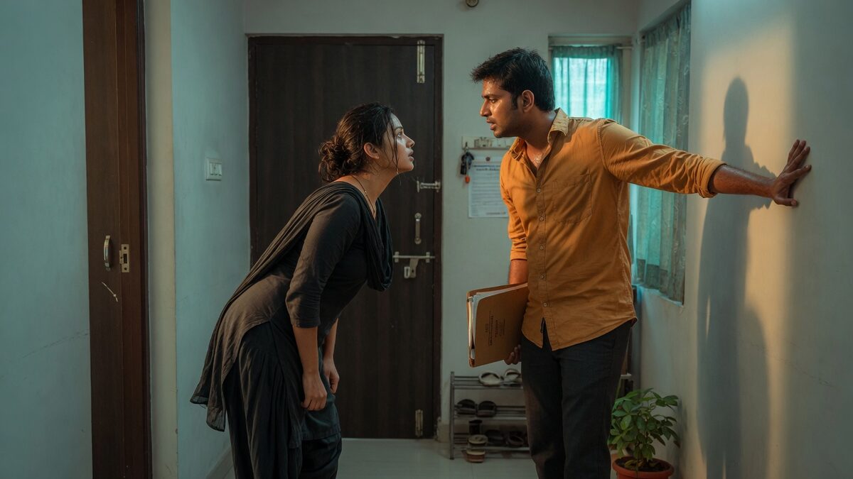 Two fully clothed adults, one adult Indian woman and one adult Indian man in a contemporary Indian city apartment entry.