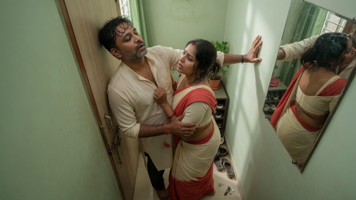Two fully clothed adults, one adult Indian man and one adult Indian woman in a contemporary Indian city apartment entry.