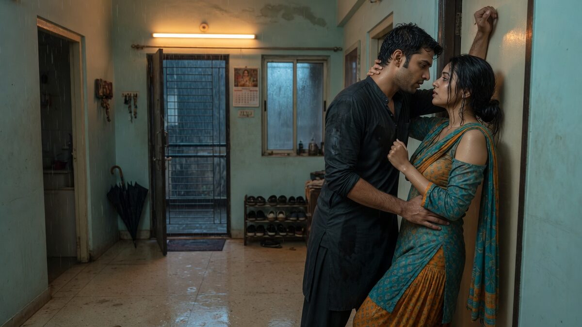 Two fully clothed adults, one adult Indian man and one adult Indian woman in a contemporary Indian city apartment entry.