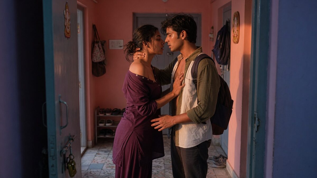 Two fully clothed adults, one adult Indian man and one adult Indian woman in an Indian apartment entry.