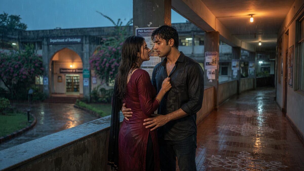 Two fully clothed adults, one adult Indian man and one adult Indian woman in an Indian postgraduate campus walkway.