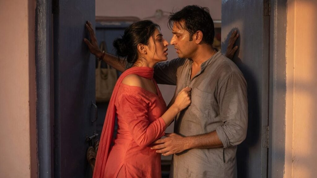 Two fully clothed adults, one adult Indian woman and one adult Indian man in an Indian apartment entry.