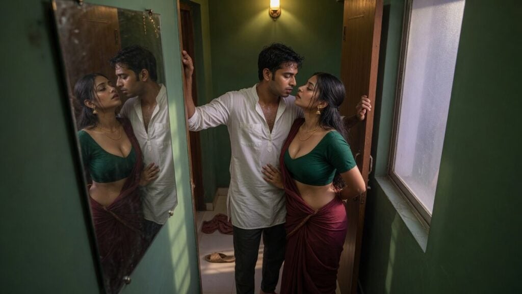 Two fully clothed adults, one adult Indian man and one adult Indian woman in an Indian apartment entry.
