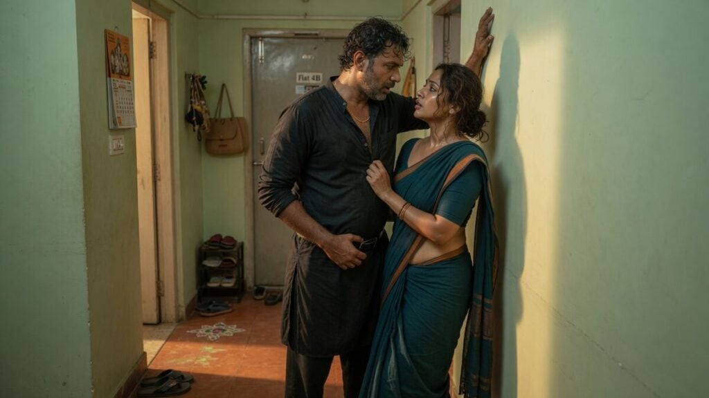 Two fully clothed adults, one adult Indian man and one adult Indian woman in an Indian apartment entry.