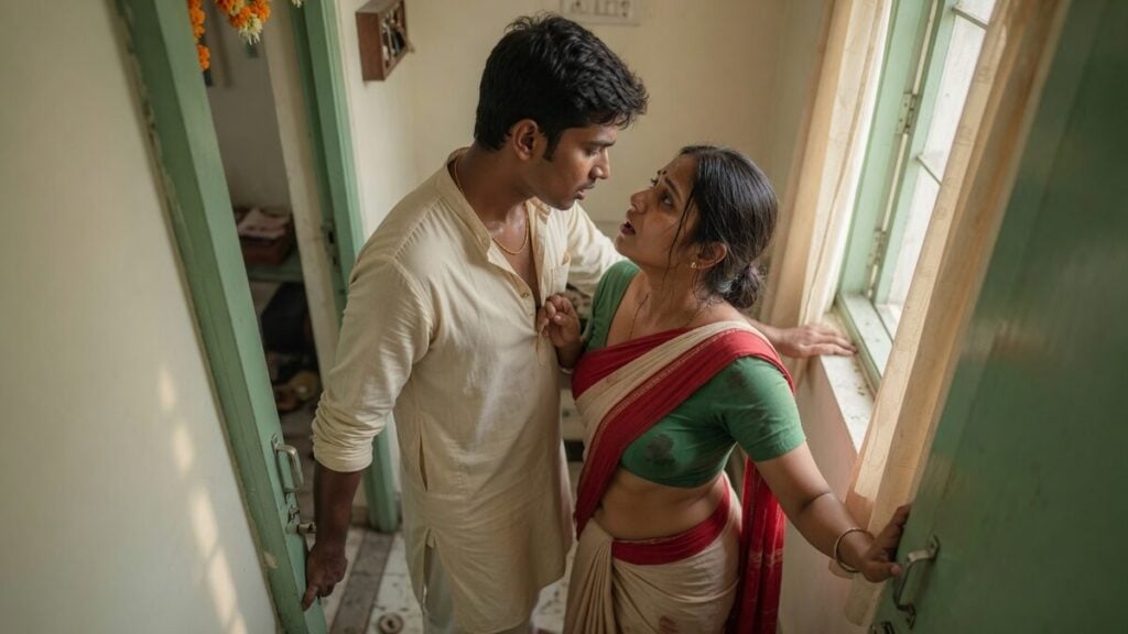 Two fully clothed adults, one adult Indian man and one adult Indian woman in an Indian apartment entry.