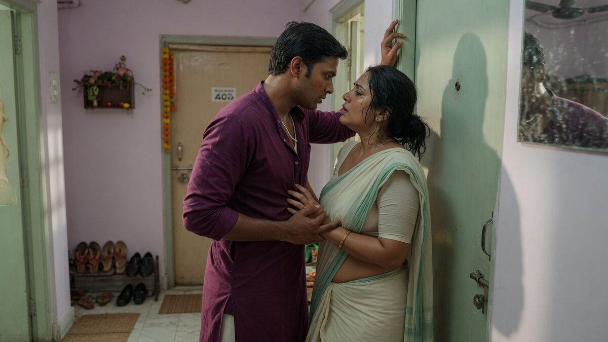 Two fully clothed adults, one adult Indian man and one adult Indian woman in a contemporary Indian city apartment entry.