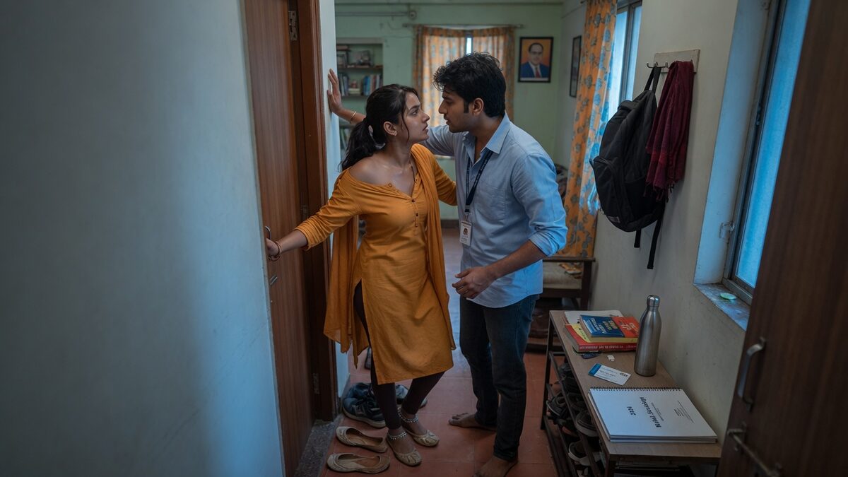 Two fully clothed adults, one adult Indian man and one adult Indian woman in a contemporary Indian city apartment entry.