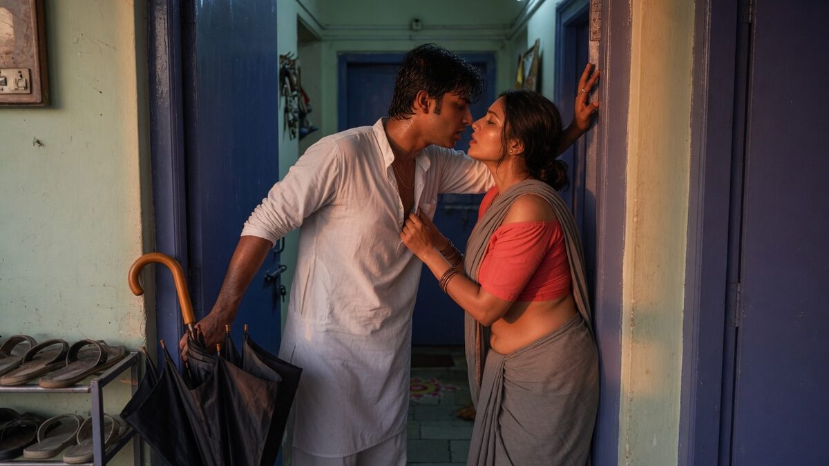 Two fully clothed adults, one adult Indian man and one adult Indian woman in an Indian apartment entry.