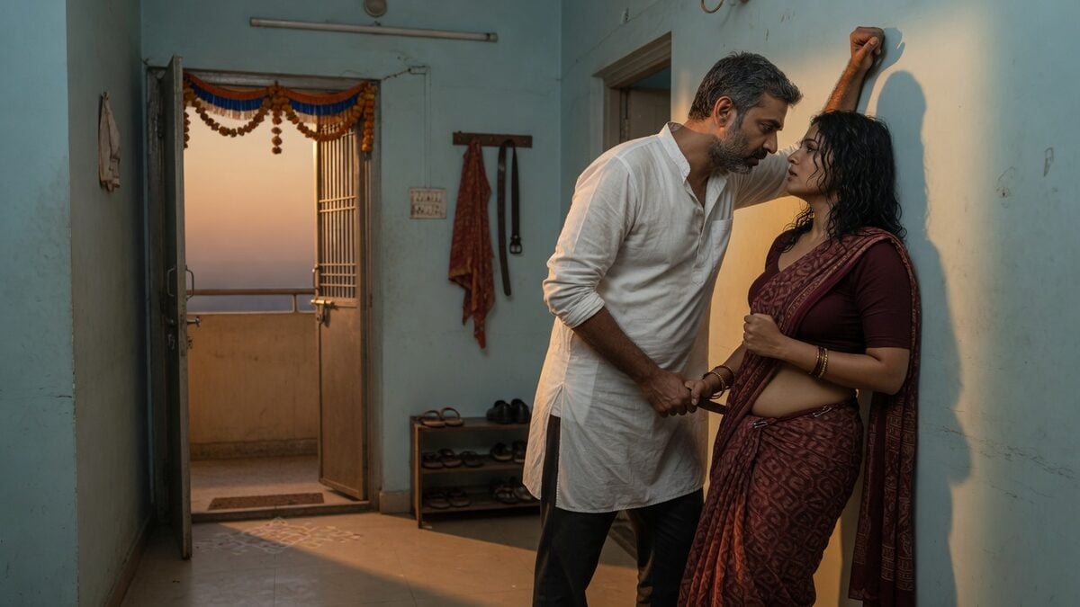 Two fully clothed adults, one adult Indian man and one adult Indian woman in an Indian apartment entry.