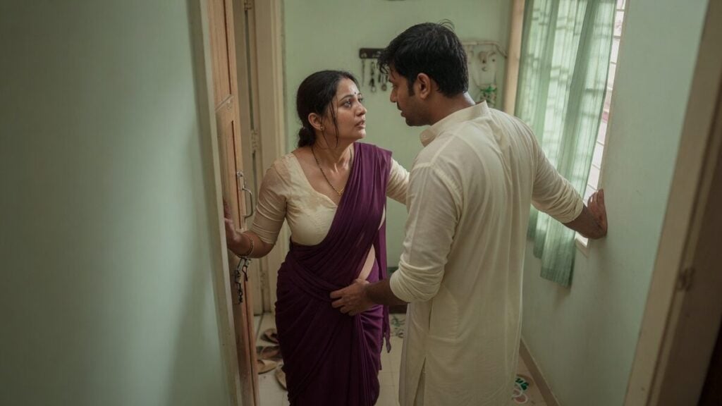 Two fully clothed adults, one adult Indian woman and one adult Indian man in a contemporary Indian city apartment entry.