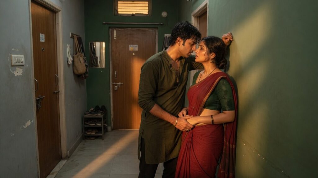 Two fully clothed adults, one adult Indian man and one adult Indian woman in a contemporary Indian city apartment entry.