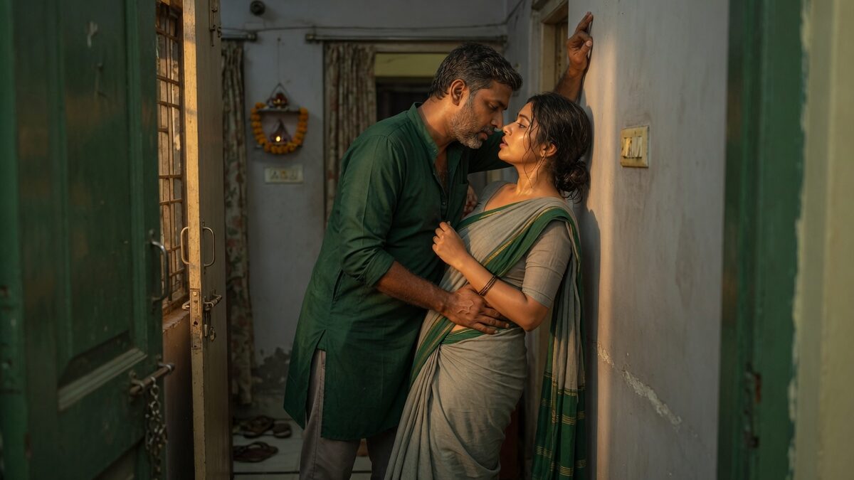 Two fully clothed adults, one adult Indian man and one adult Indian woman in an Indian apartment entry.