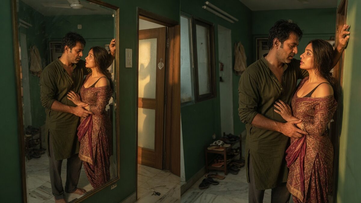 Two fully clothed adults, one adult Indian man and one adult Indian woman in a contemporary Indian city apartment entry.