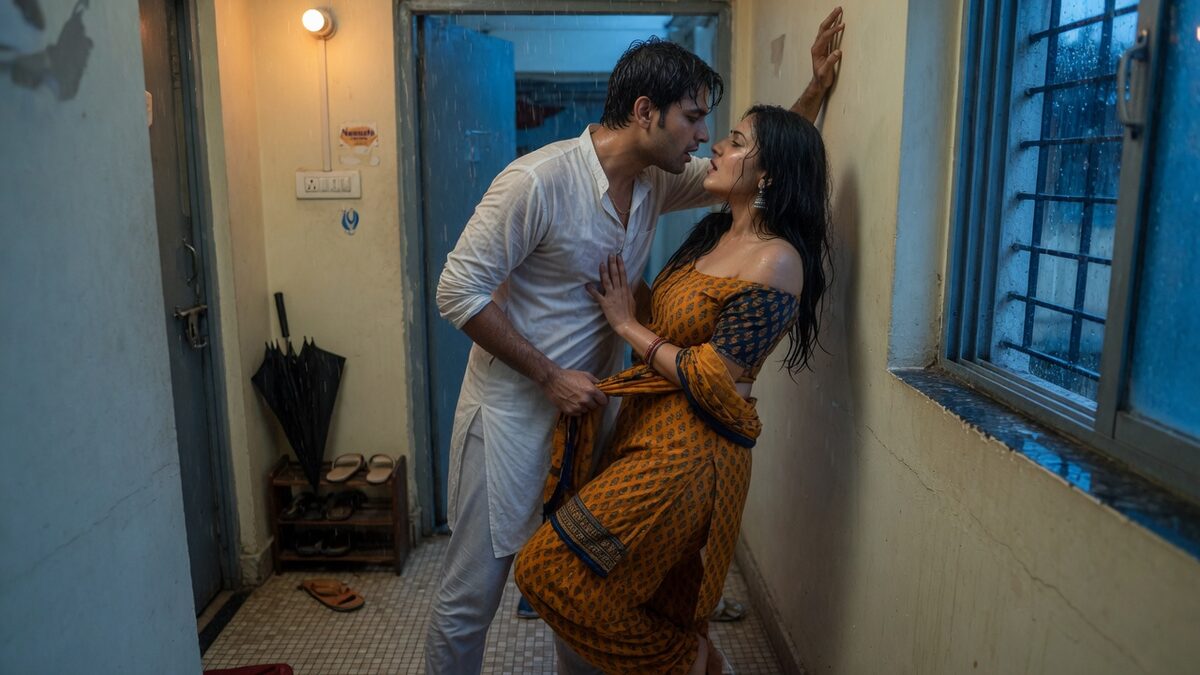 Two fully clothed adults, one adult Indian man and one adult Indian woman in an Indian apartment entry.