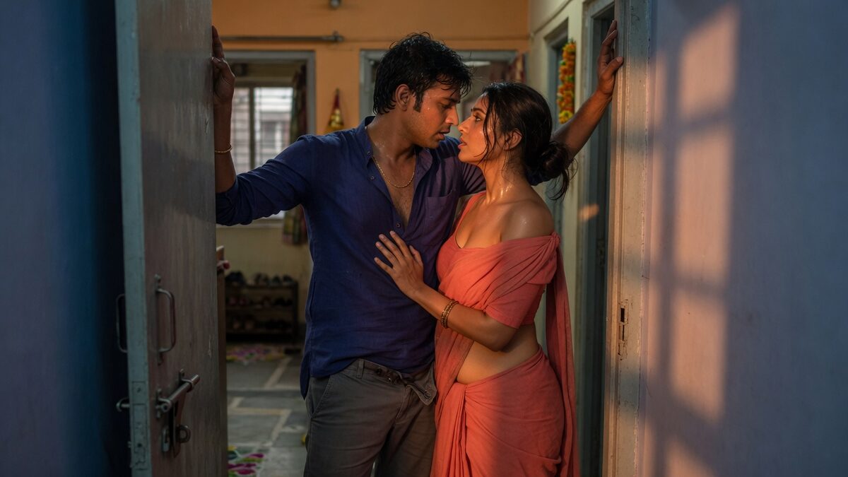 Two fully clothed adults, one adult Indian man and one adult Indian woman in a contemporary Indian city apartment entry.