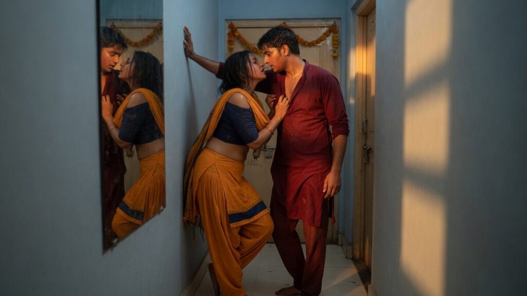 Two fully clothed adults, one adult Indian man and one adult Indian woman in an Indian apartment entry.