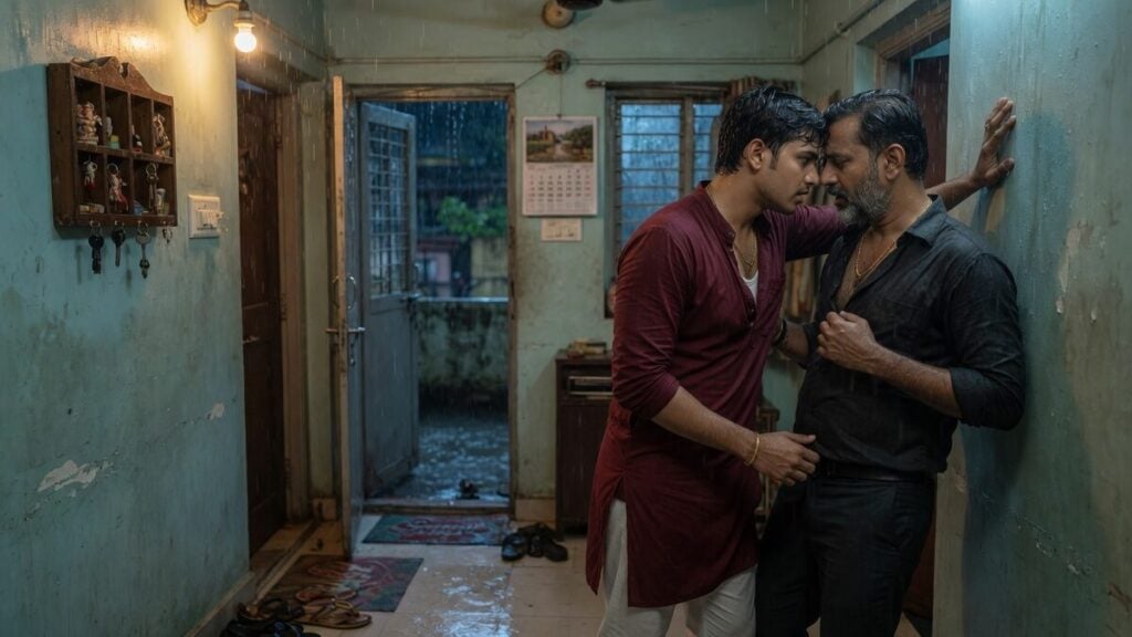 Two fully clothed adults, one adult Indian man and one adult Indian man in an Indian apartment entry.