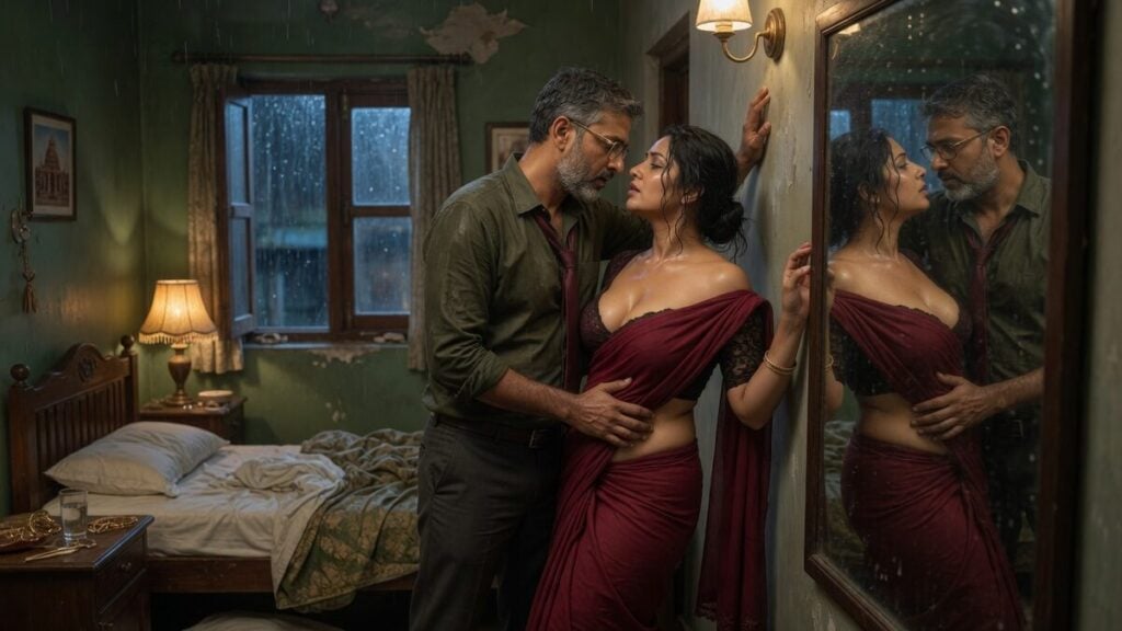Two fully clothed adults, one adult Indian man and one adult Indian woman in a quiet Indian guest room.