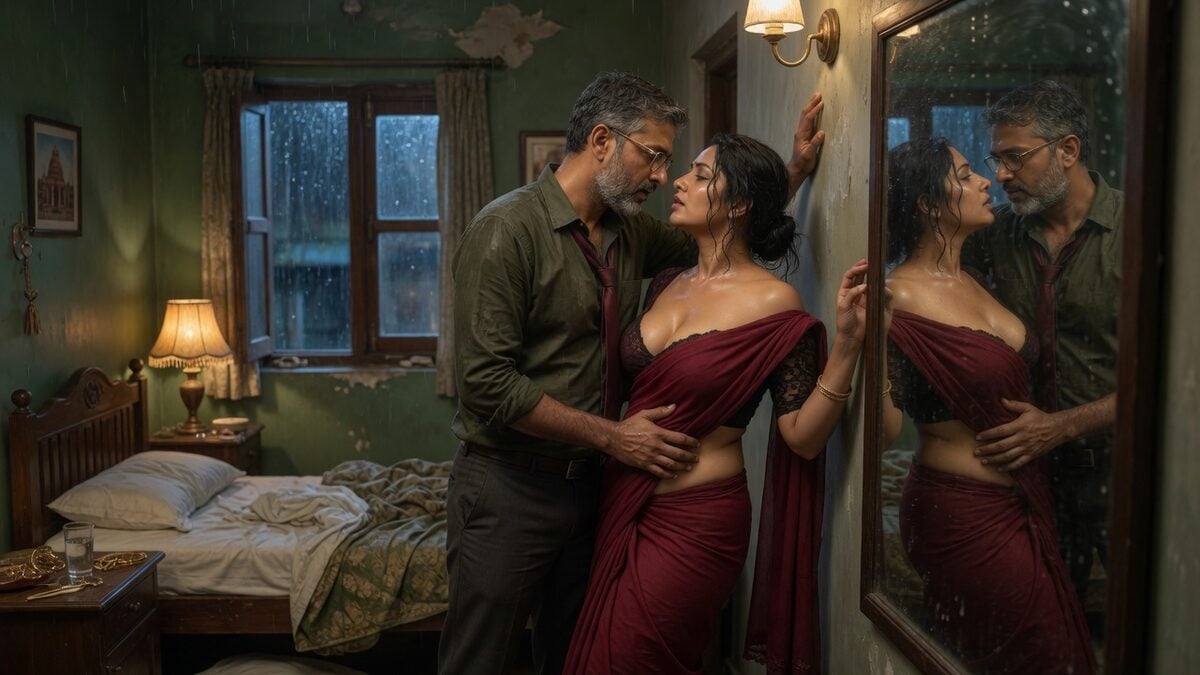Two fully clothed adults, one adult Indian man and one adult Indian woman in a quiet Indian guest room.