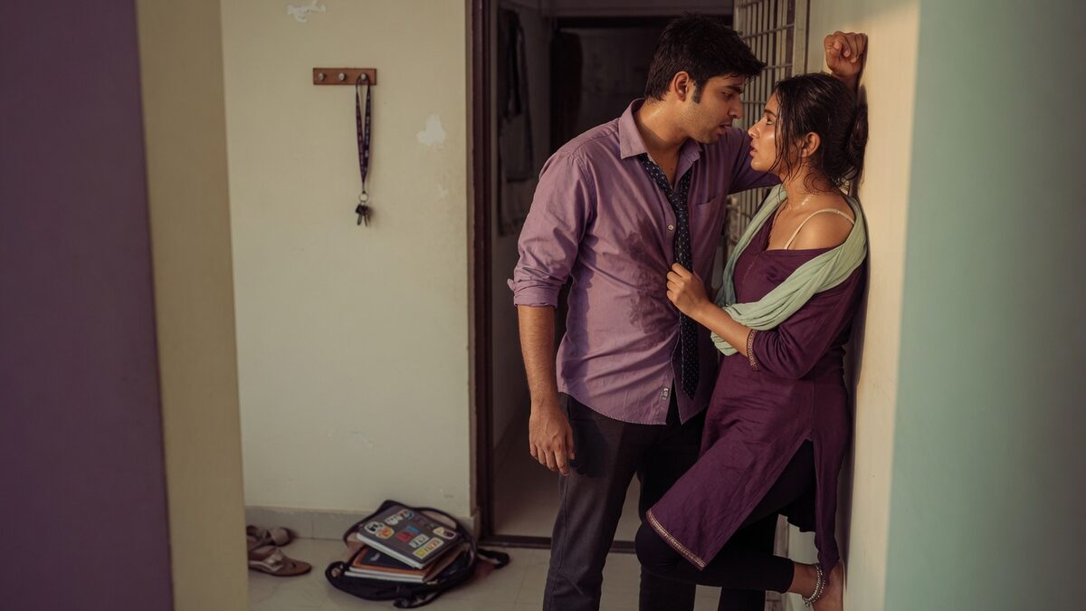 Two fully clothed adults, one adult Indian man and one adult Indian woman in a contemporary Indian city apartment entry.